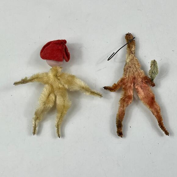 Vtg 1950s Pipe Cleaner Santa & Elf Ornaments Set Chenille Spun Head Christmas - Picture 2 of 3